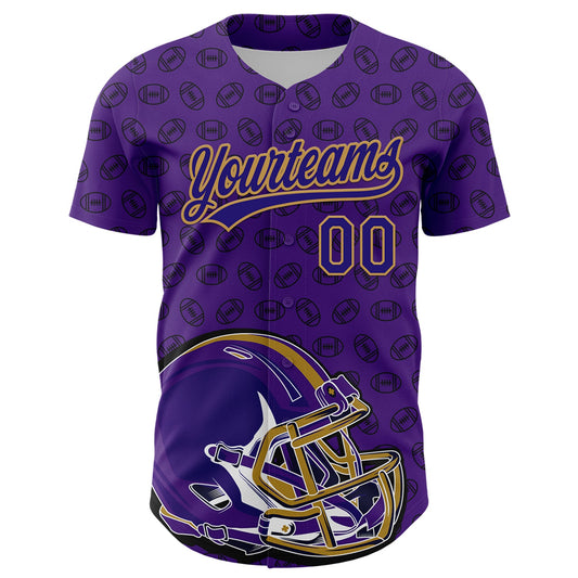 Custom Purple Dark Purple-Old Gold 3D Pattern Design Football Helmet And Ball Authentic Baseball Jersey - Sky-Custom