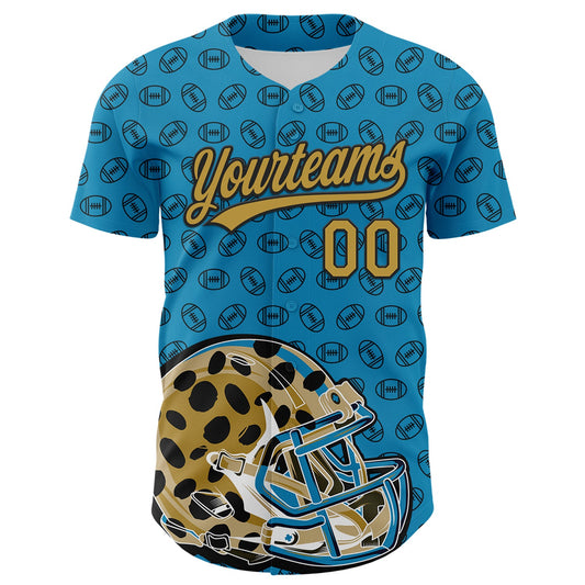 Custom Panther Blue Old Gold-Black 3D Pattern Design Football Jaguar Helmet And Ball Authentic Baseball Jersey - Sky-Custom