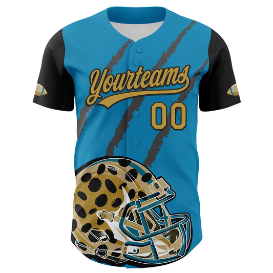 Custom Panther Blue Old Gold-Black 3D Pattern Design Football Jaguar Helmet And Animal Claw Authentic Baseball Jersey - Sky-Custom