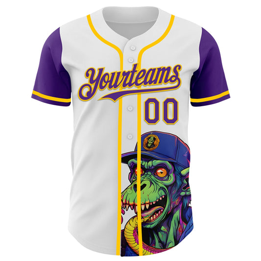 Custom White Purple-Yellow 3D Pattern Design Rave Monster Authentic Baseball Jersey - Sky-Custom