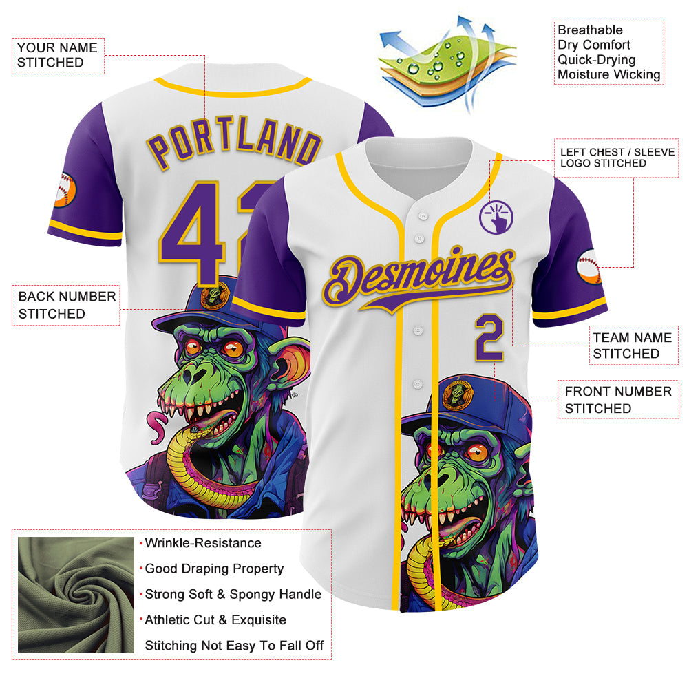 Custom White Purple-Yellow 3D Pattern Design Rave Monster Authentic Baseball Jersey - Sky-Custom