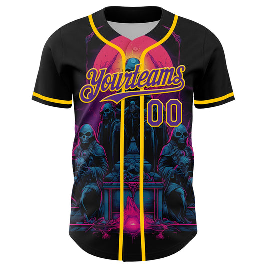 Custom Black Purple-Yellow 3D Pattern Design Rave Skull Authentic Baseball Jersey - Sky-Custom