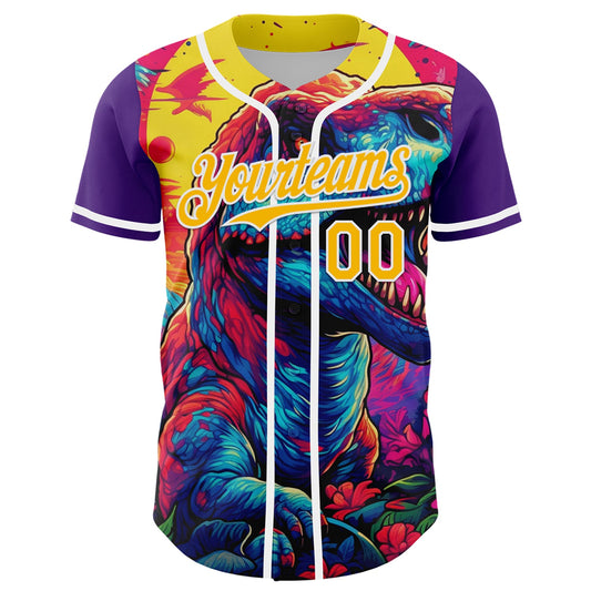 Custom Purple Gold-White 3D Pattern Design Rave T Rex Authentic Baseball Jersey - Sky-Custom