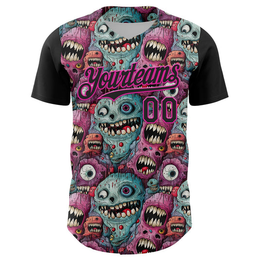 Custom Black Deep Pink 3D Pattern Design Rave Monster Authentic Baseball Jersey - Sky-Custom