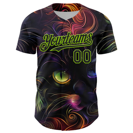 Custom Black Neon Green 3D Pattern Design Rave Animal Cat Authentic Baseball Jersey - Sky-Custom