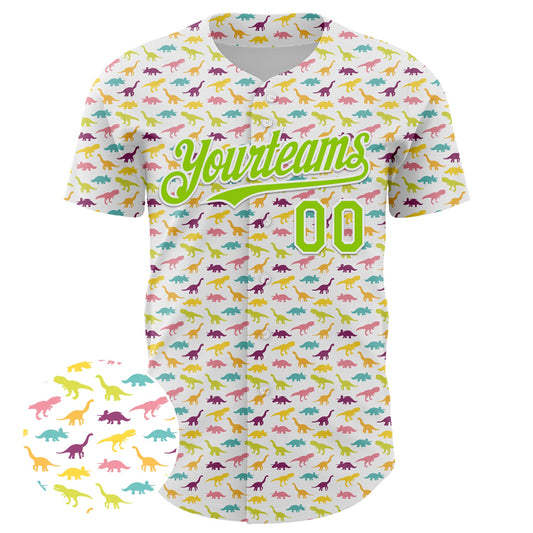 Custom White Neon Green 3D Pattern Design Animal Dinosaur Authentic Baseball Jersey - Sky-Custom