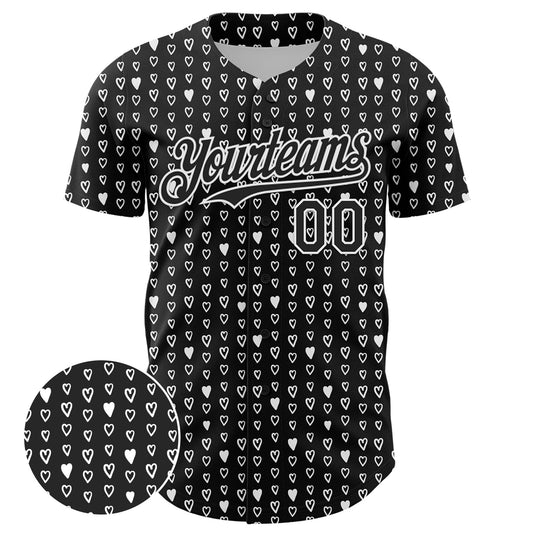 Custom Black White 3D Pattern Design Hearts Authentic Baseball Jersey - Sky-Custom