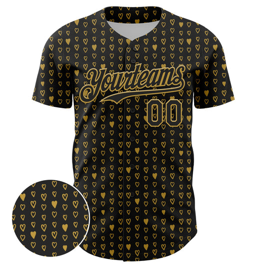 Custom Black Old Gold 3D Pattern Design Hearts Authentic Baseball Jersey - Sky-Custom