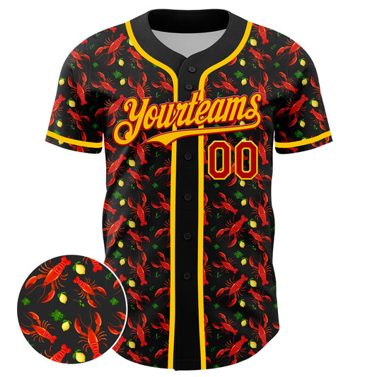 Custom Black Red-Yellow 3D Pattern Design Animal Lobster Fruit Lemon Authentic Baseball Jersey - Sky-Custom