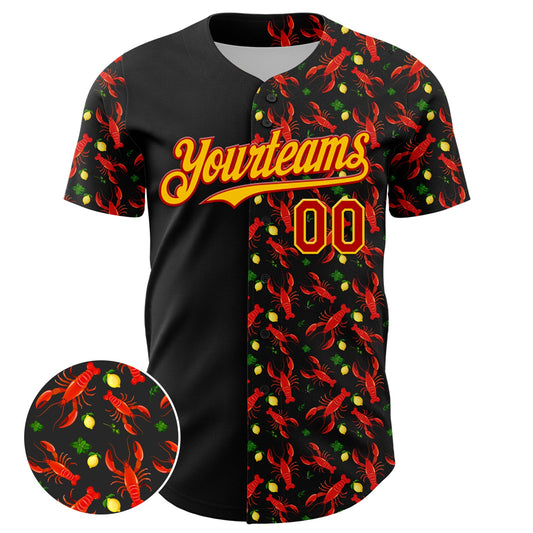 Custom Black Red-Yellow 3D Pattern Design Animal Lobster Fruit Lemon Authentic Baseball Jersey - Sky-Custom
