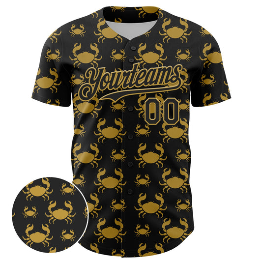 Custom Black Old Gold 3D Pattern Design Animal Crab Fruit Lemon Authentic Baseball Jersey - Sky-Custom
