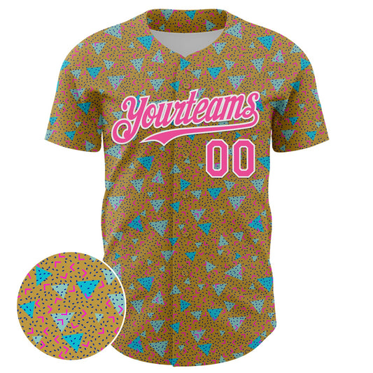 Custom Old Gold Pink-White 3D Pattern Design Geometric Shape Authentic Baseball Jersey - Sky-Custom