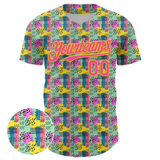 Custom Green Pink-Yellow 3D Pattern Design Color Brush Blocks Authentic Baseball Jersey - Sky-Custom