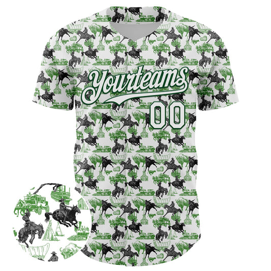 Custom White Green 3D Pattern Design Rodeo Cowboy Authentic Baseball Jersey - Sky-Custom