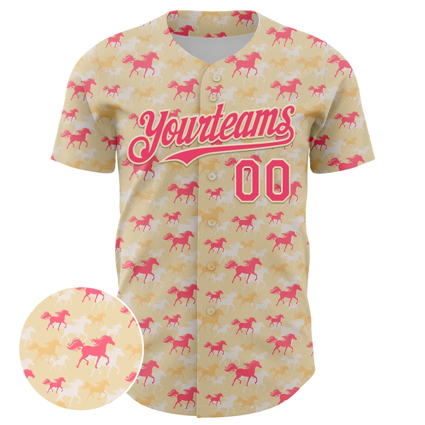 Custom Cream Neon Pink 3D Pattern Design Animal Horse Authentic Baseball Jersey - Sky-Custom