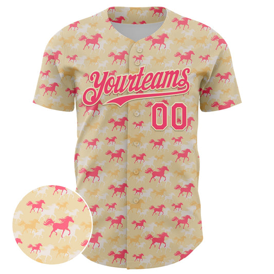 Custom Cream Neon Pink 3D Pattern Design Animal Horse Authentic Baseball Jersey - Sky-Custom