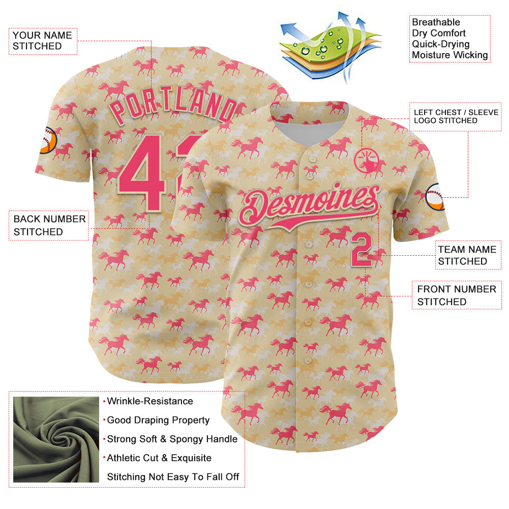 Custom Cream Neon Pink 3D Pattern Design Animal Horse Authentic Baseball Jersey - Sky-Custom