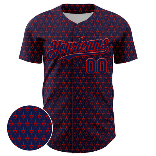 Custom Navy Red 3D Pattern Design Hearts Authentic Baseball Jersey - Sky-Custom