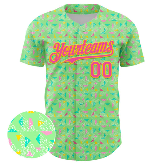 Custom Pea Green Pink-Yellow 3D Pattern Design Geometric Shape Authentic Baseball Jersey - Sky-Custom