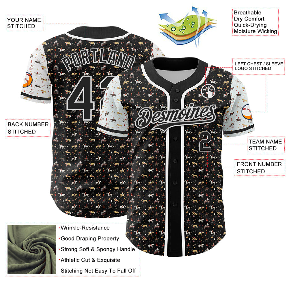 Custom Black White 3D Pattern Design Rodeo Cowboy Authentic Baseball Jersey - Sky-Custom