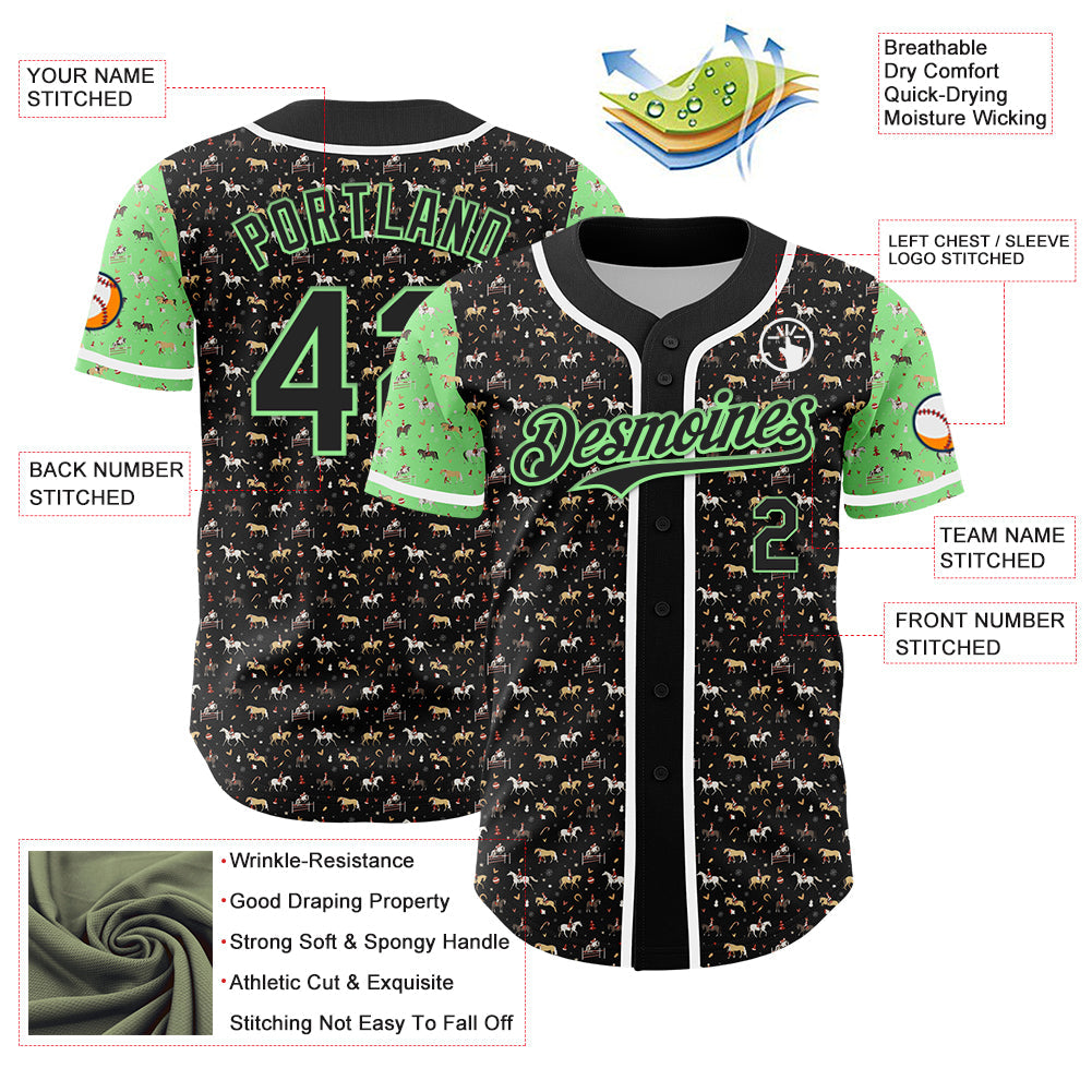 Custom Black Pea Green-White 3D Pattern Design Rodeo Cowboy Authentic Baseball Jersey - Sky-Custom