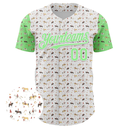 Custom White Pea Green 3D Pattern Design Rodeo Cowboy Authentic Baseball Jersey - Sky-Custom
