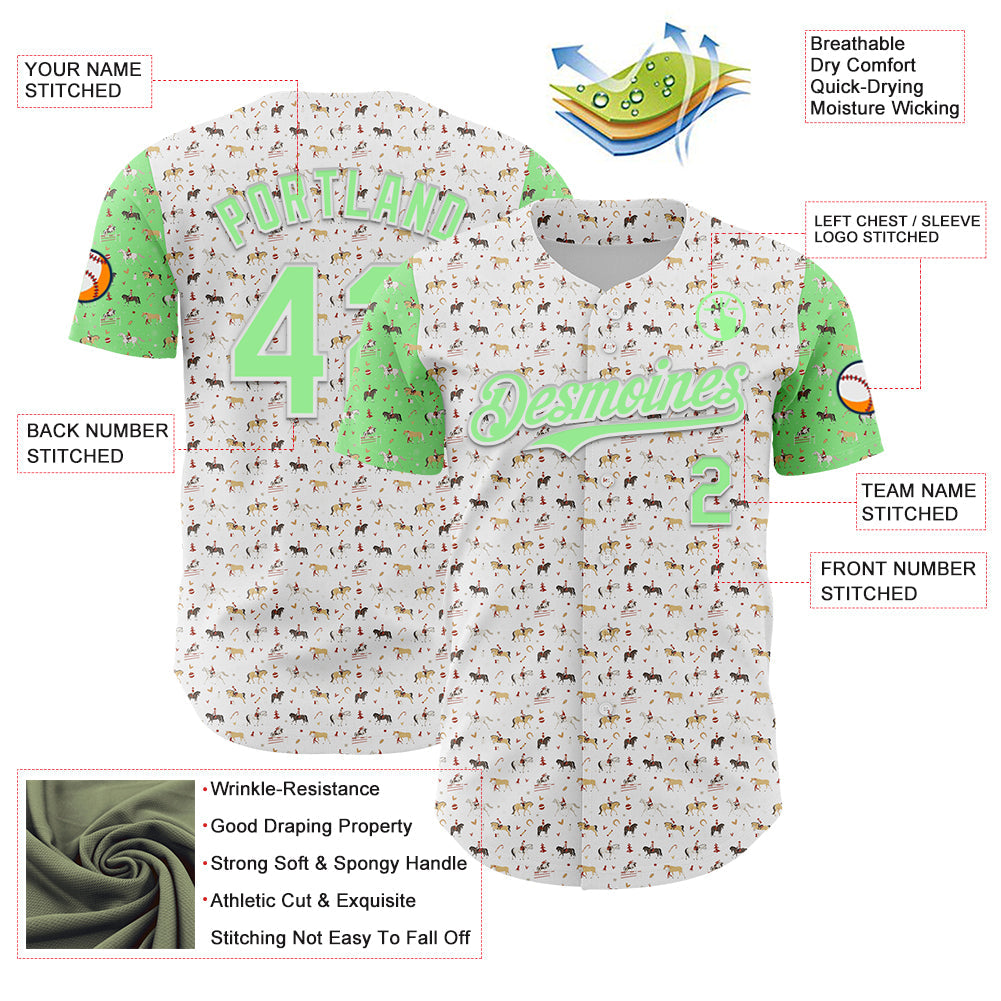 Custom White Pea Green 3D Pattern Design Rodeo Cowboy Authentic Baseball Jersey - Sky-Custom