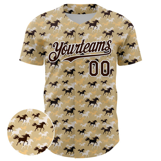 Custom Vegas Gold Brown-White 3D Pattern Design Animal Horse Authentic Baseball Jersey - Sky-Custom