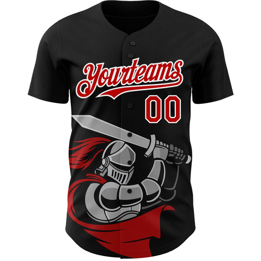 Custom Black Red-White 3D Pattern Design Knight Hero Art Authentic Baseball Jersey - Sky-Custom