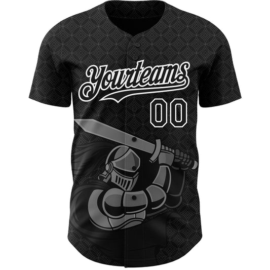 Custom Black White 3D Pattern Design Knight Hero Art Authentic Baseball Jersey - Sky-Custom
