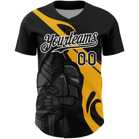 Custom Black Gold-White 3D Pattern Design Knight Hero Art Authentic Baseball Jersey - Sky-Custom