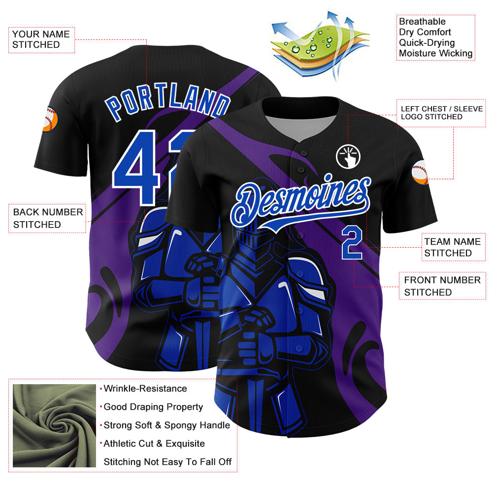 Custom Black Thunder Blue-Purple 3D Pattern Design Knight Hero Art Authentic Baseball Jersey - Sky-Custom