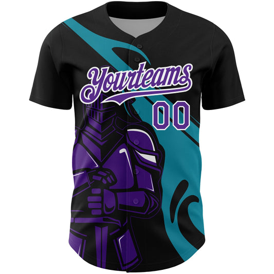 Custom Black Purple-Teal 3D Pattern Design Knight Hero Art Authentic Baseball Jersey - Sky-Custom