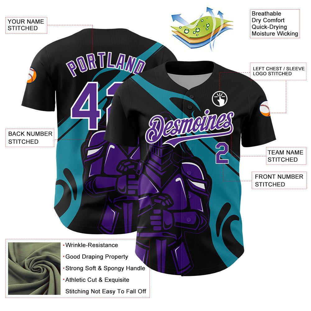 Custom Black Purple-Teal 3D Pattern Design Knight Hero Art Authentic Baseball Jersey - Sky-Custom