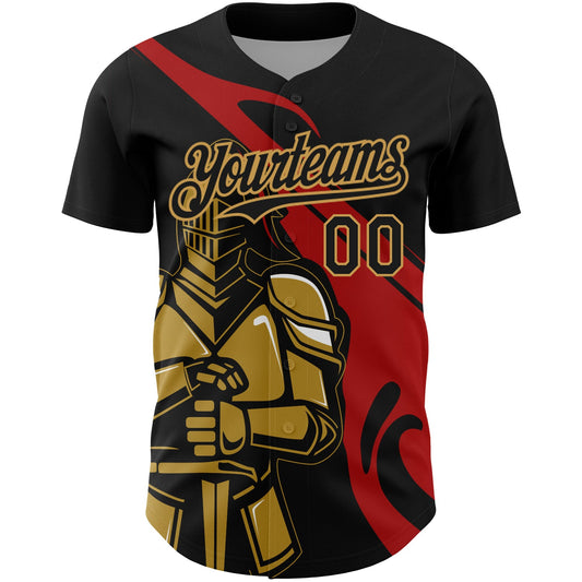 Custom Black Red-Old Gold 3D Pattern Design Knight Hero Art Authentic Baseball Jersey - Sky-Custom