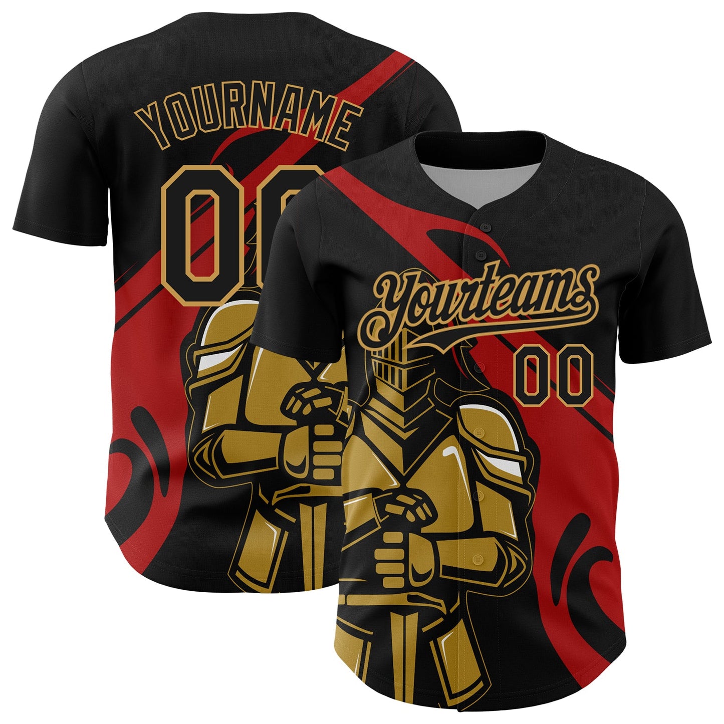 Custom Black Red-Old Gold 3D Pattern Design Knight Hero Art Authentic Baseball Jersey - Sky-Custom