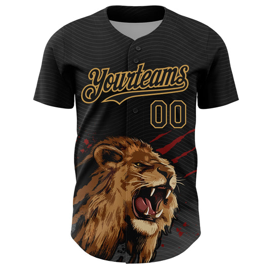 Custom Black Old Gold 3D Pattern Design Animal Lion Authentic Baseball Jersey - Sky-Custom