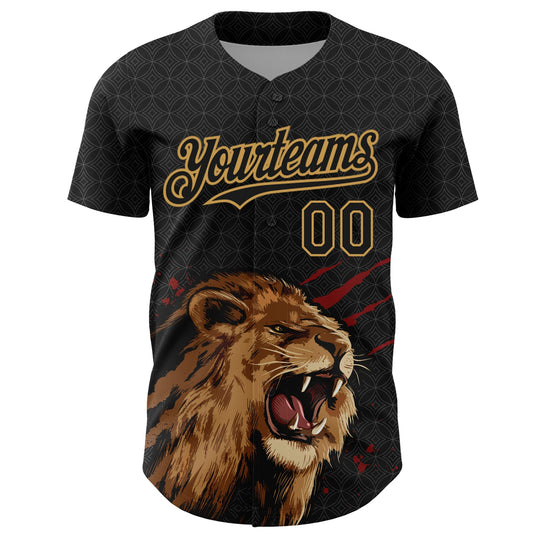 Custom Black Old Gold 3D Pattern Design Animal Lion Authentic Baseball Jersey - Sky-Custom