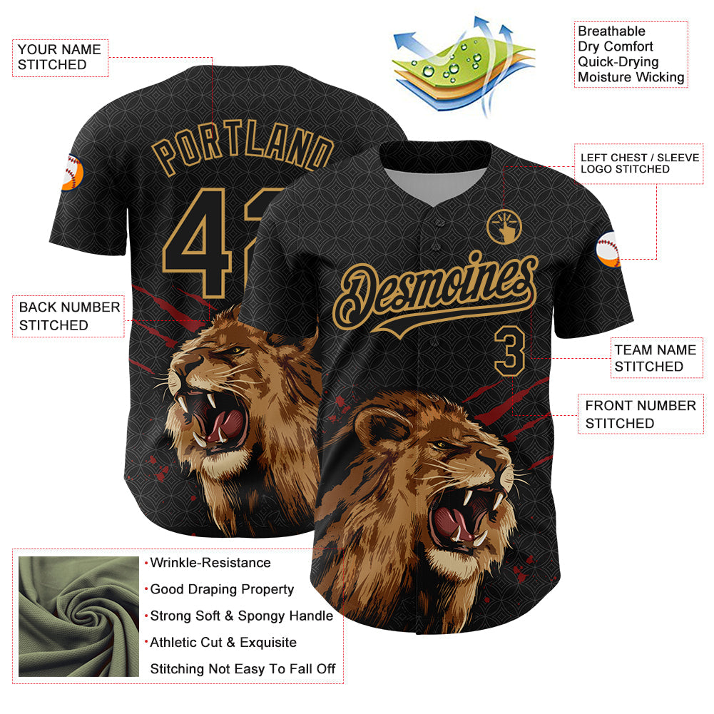 Custom Black Old Gold 3D Pattern Design Animal Lion Authentic Baseball Jersey - Sky-Custom