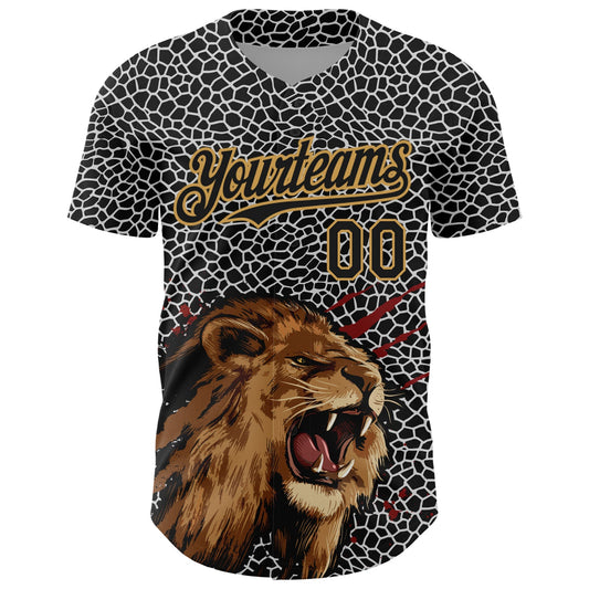 Custom Black Old Gold 3D Pattern Design Animal Lion Authentic Baseball Jersey - Sky-Custom
