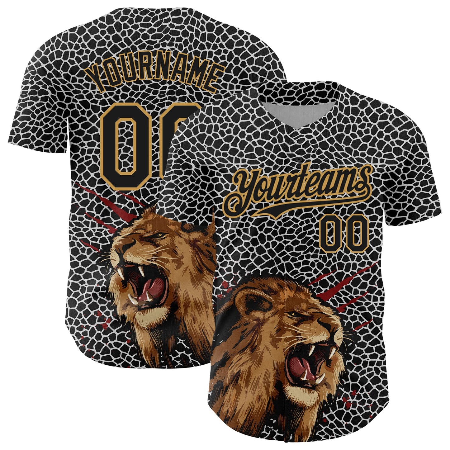 Custom Black Old Gold 3D Pattern Design Animal Lion Authentic Baseball Jersey - Sky-Custom