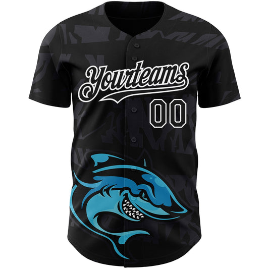 Custom Black White 3D Pattern Design Animal Shark Authentic Baseball Jersey - Sky-Custom