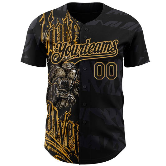 Custom Black Old Gold 3D Pattern Design Animal Lion Authentic Baseball Jersey - Sky-Custom