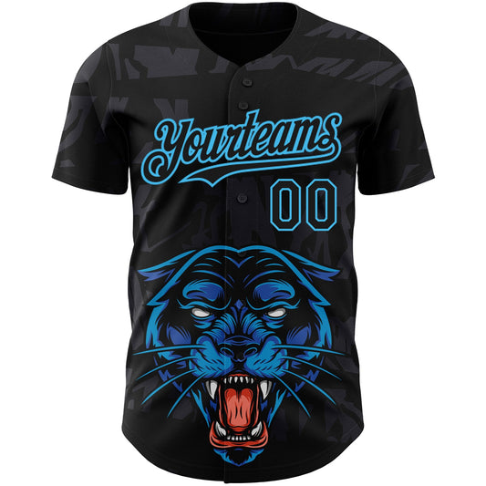 Custom Black Sky Blue 3D Pattern Design Animal Panther Authentic Baseball Jersey - Sky-Custom