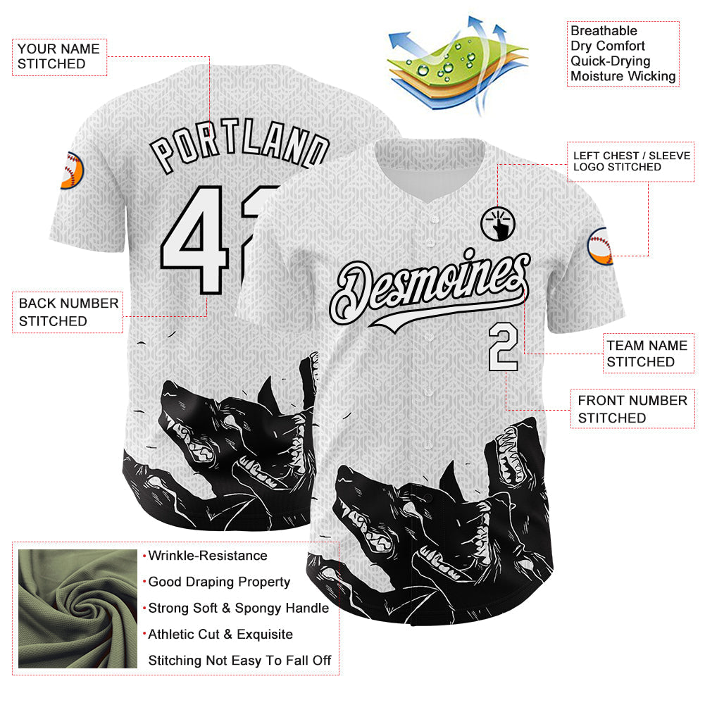 Custom White Black 3D Pattern Design Animal Wolf Authentic Baseball Jersey - Sky-Custom
