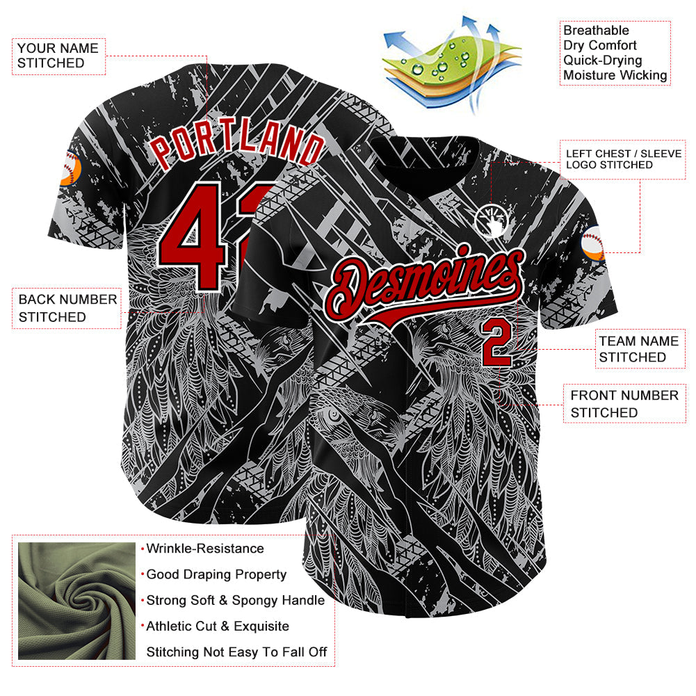 Custom Black Red-White 3D Pattern Design Animal Eagle Authentic Baseball Jersey - Sky-Custom