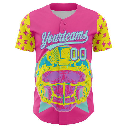 Custom Pink Ice Blue Medium Purple-Light Yellow 3D Pattern Design Football Skull Helmet Authentic Baseball Jersey - Sky-Custom