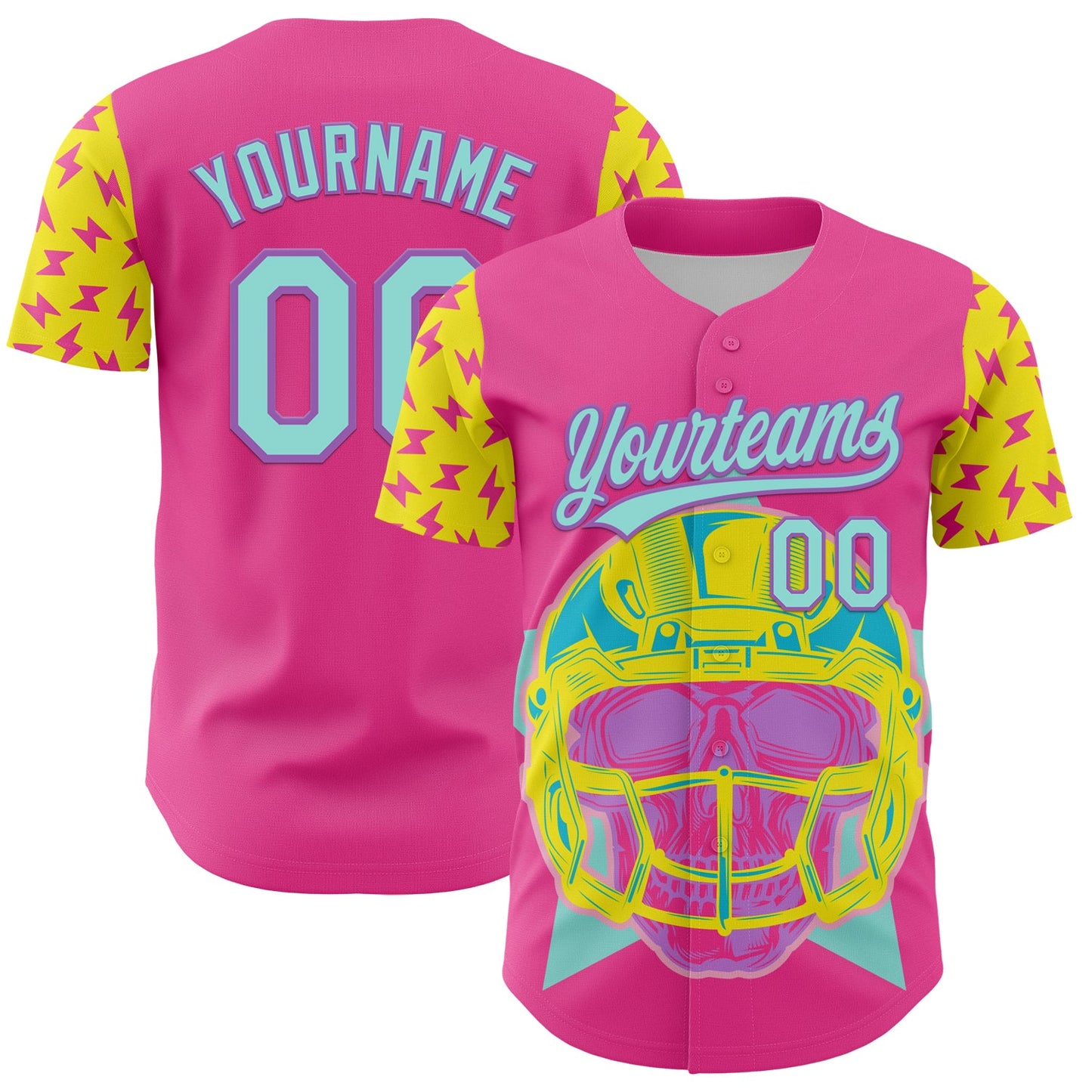 Custom Pink Ice Blue Medium Purple-Light Yellow 3D Pattern Design Football Skull Helmet Authentic Baseball Jersey - Sky-Custom