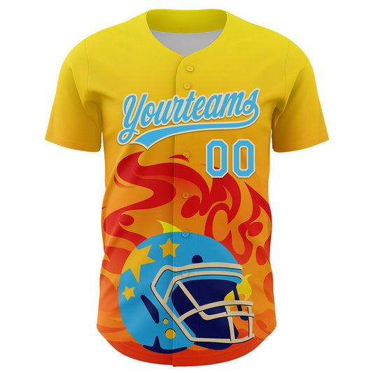 Custom Light Yellow Sky Blue Orange-Cream 3D Pattern Design Flame Football Helmet Authentic Baseball Jersey - Sky-Custom