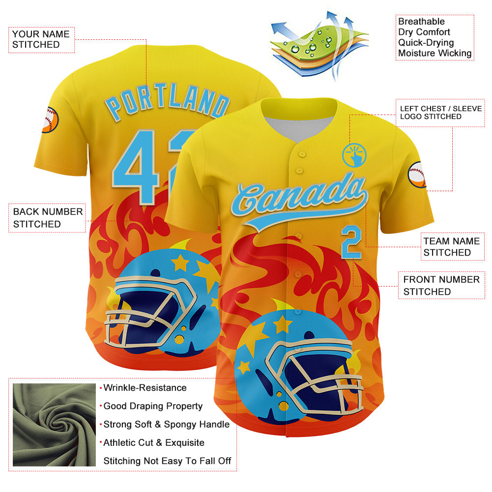 Custom Light Yellow Sky Blue Orange-Cream 3D Pattern Design Flame Football Helmet Authentic Baseball Jersey - Sky-Custom